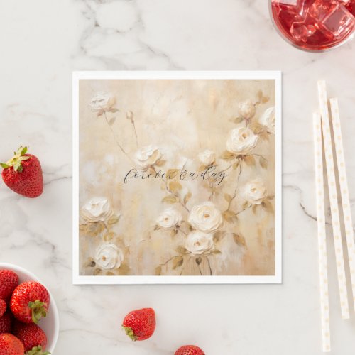 Romantic Cream White Roses Wedding Napkins