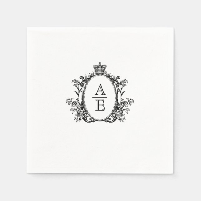 Romantic Crest Monogram Black and White Wedding Napkins (Front)
