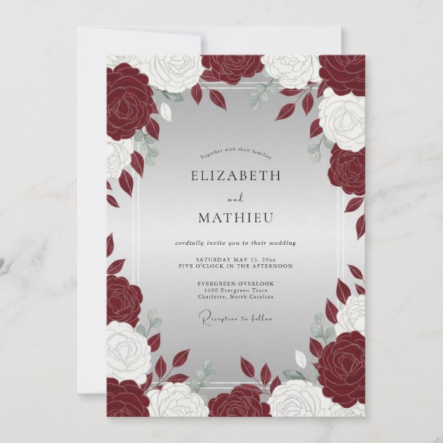 Romantic Crimson White Rose Wedding Invitation (Front)