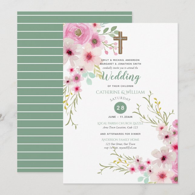 Romantic Cross WEDDING Invites Floral Pink Sage (Front/Back)