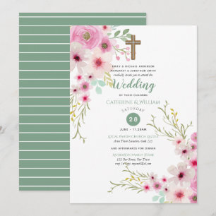 Romantic Cross WEDDING Invites Floral Pink Sage
