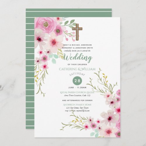 Romantic Cross WEDDING Invites Floral Pink Sage