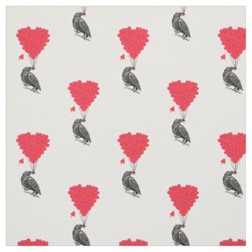 Romantic crow and red love heart fabric