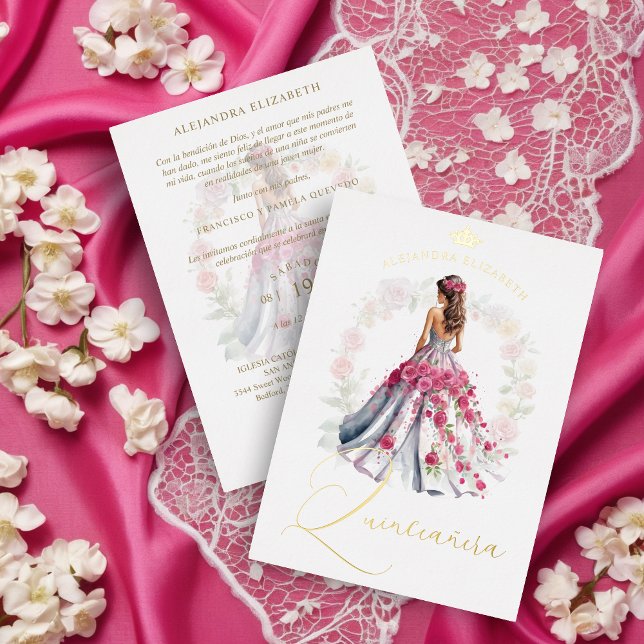 Romantic Crown Spanish Quinceañera Doll in  Pink  Foil Invitation (Romantic Crown Spanish Quinceañera Doll in Pink Shades Metallic Foil Invitation.)