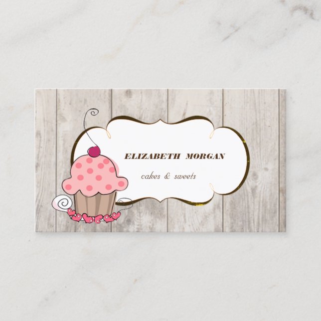 Romantic  Cupcake Bakery ,Wood Texture Business Card (Front)
