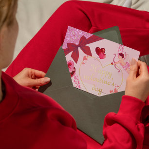 Romantic Cupid Love with Foil Heart and Red Ribbon Holiday Card