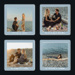 Romantic Custom Calligraphy Add Your Own Photo Coaster Set<br><div class="desc">A 4 piece set with the ability to personalize a different photo on each coaster against a muted blue background. The theme is endless love, boundless friendship, limitless laughs, and countless memories in a romantic calligraphy script. Easily customize photo and message of choice. Makes a unique wedding gift, housewarming, anniversary,...</div>