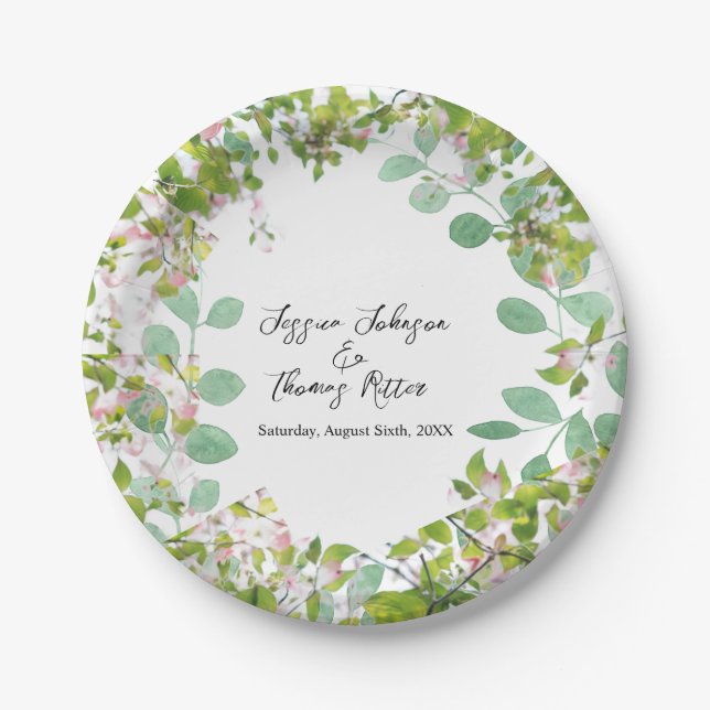 Romantic Custom Eucalyptus Summer Wedding Paper Plates (Front)