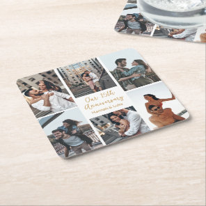 Romantic Custom Photo Collage Anniversary Party Square Paper Coaster