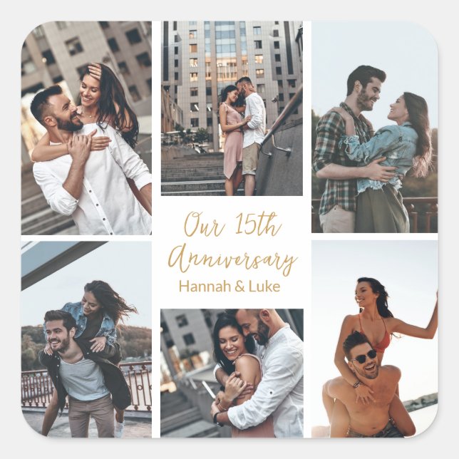 Romantic Custom Photo Collage Anniversary Party Square Sticker (Front)