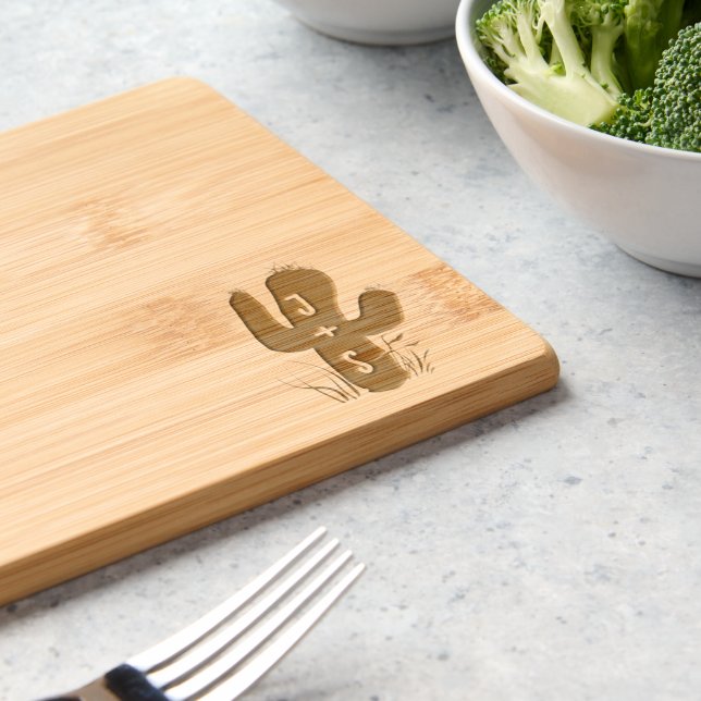 Romantic Cute Cactus with Bride & Groom's Initials Engraved Cutting Board (Kitchen)