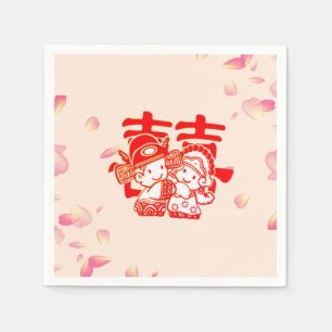 Romantic Cute Couple Double Happiness Wedding Napkins