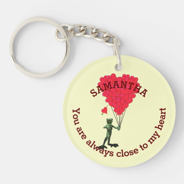 Romantic cute frog and red heart personalized keychain (Front)