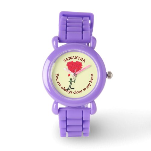 Romantic cute frog and red heart personalized watch