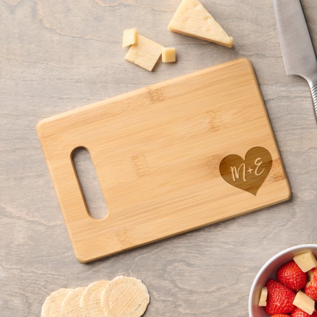 Romantic Cute Heart with Bride & Groom's Initials Engraved Cutting Board (Cheese)