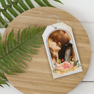 Romantic Cute Peach Floral Arch Photo Wedding Gift Tags