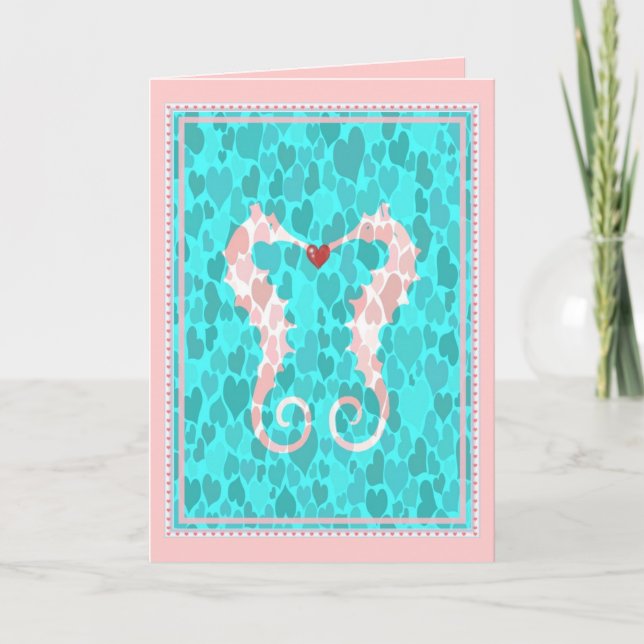 Romantic Cute Seahorse Couple Love Hearts Holiday Card (Front)