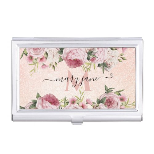 Romantic cute shabby Pink Glitter Rose Gold floral Business Card Case