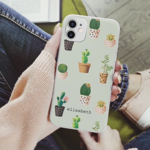 Romantic Cute succulent cactus add your name iPhone 12 Case