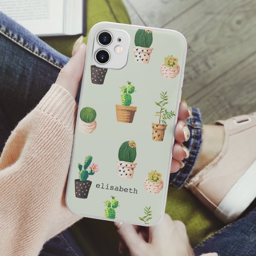 Romantic Cute succulent cactus add your name iPhone 11 Case