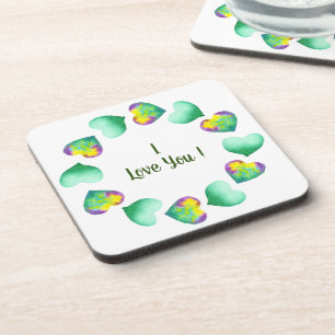 Romantic Cute Watercolor Green Valentine's Day Beverage Coaster