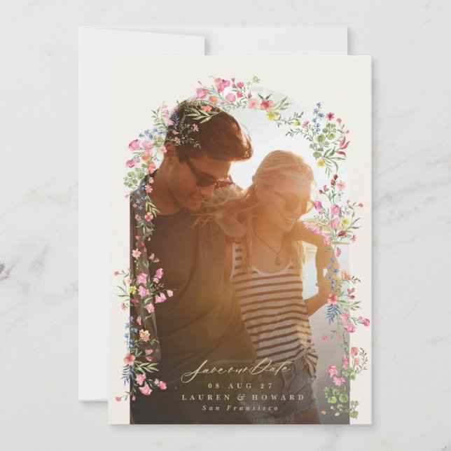 romantic dainty floral arch spring wedding photo save the date (Front)