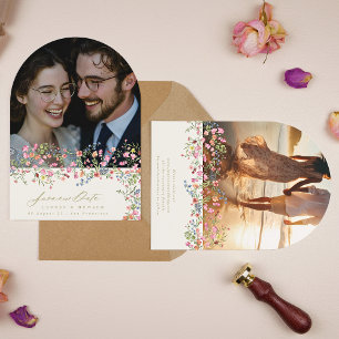 romantic dainty floral arch summer wedding photo save the date