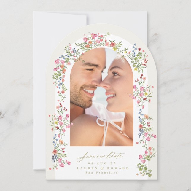 romantic dainty floral spring wedding photo arch save the date (Front)