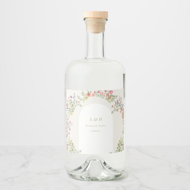 romantic dainty floral wreath spring wedding liquor bottle label (Front)