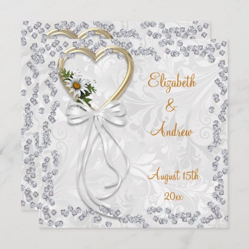 Romantic Daisy Diamonds  White Ribbon Wedding Invitation