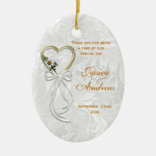 Romantic Daisy, Gold Heart & White Ribbon Ceramic Ornament