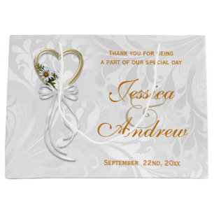 Romantic Daisy, Gold Heart & White Ribbon Large Gift Bag