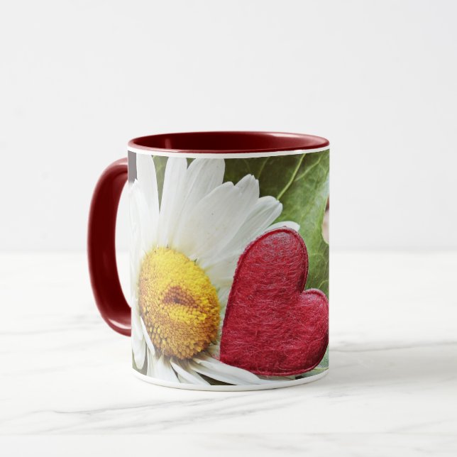 Romantic Daisy with Red Heart Accents Mug (Front Left)