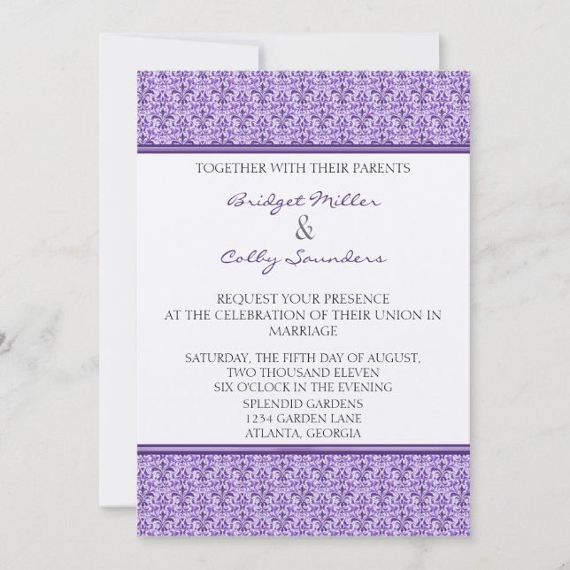 Romantic Damask Wedding Invite, Eggplant Invitation (Front)