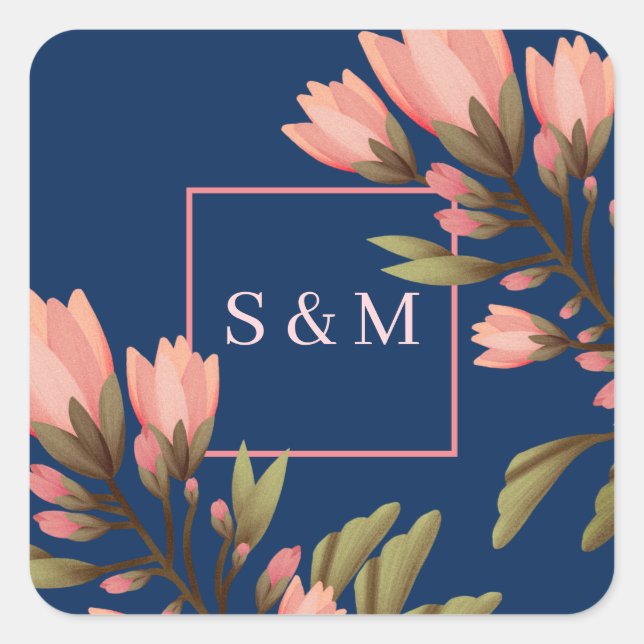 Romantic dark blue and pink flowers square sticker (Front)