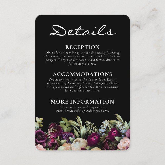 Romantic Dark Dramatic Floral Black Wedding Enclosure Card (Front)