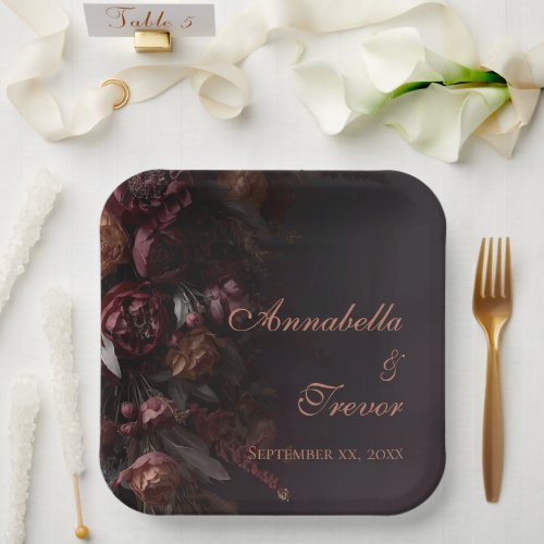Romantic Dark Fall Floral Burgundy Custom Name Paper Plates