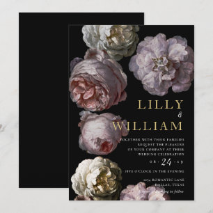 Romantic Dark Floral Moody Pink Black Wedding Invitation