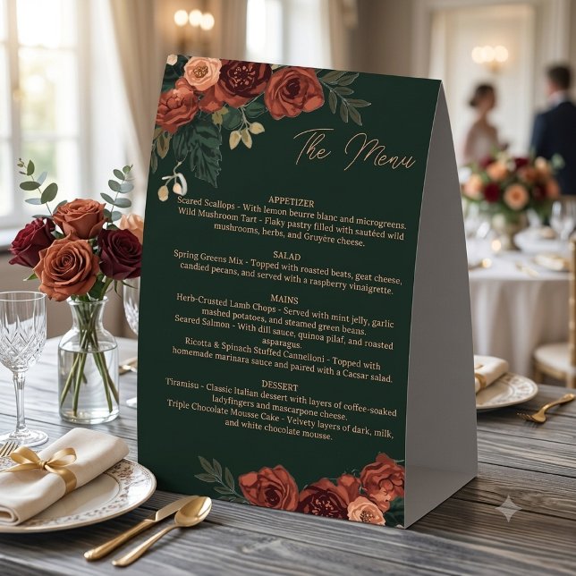 Romantic Dark Green Floral Menu ,Wedding Menu  Paper Table Tent (Creator Uploaded)
