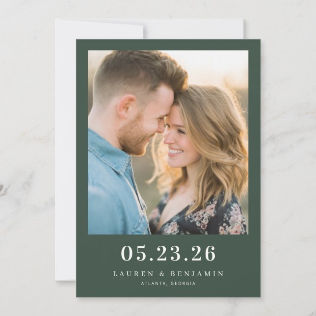 Romantic Dark Green Minimalist Photo Save The Date (Front)