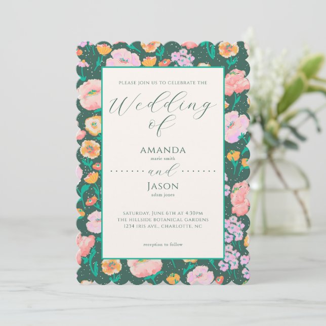Romantic Dark Green Painted Floral Invitation (Standing Front)