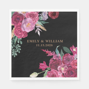 Romantic Dark Moody Burgundy Floral Black Wedding Napkins