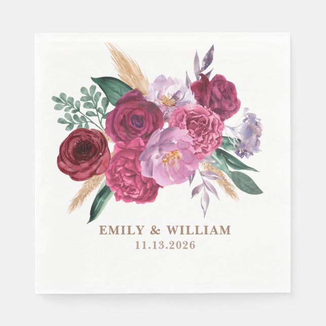 Romantic Dark Moody Burgundy Maroon Floral Wedding Napkins (Front)