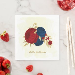 Romantic dark red & navy blue flowers gold napkins