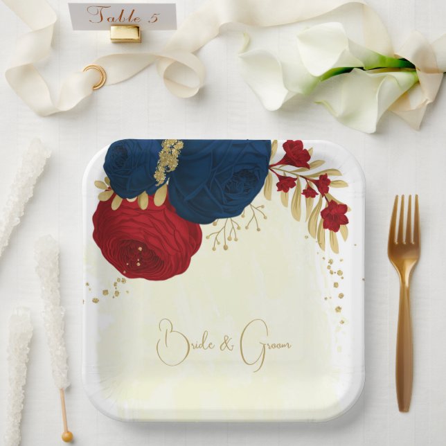Romantic dark red & navy blue flowers gold paper plates (Wedding)