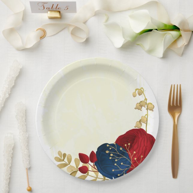 Romantic dark red & navy blue flowers gold paper plates (Wedding)
