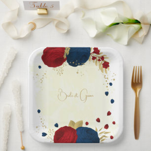 Romantic dark red & navy blue flowers gold paper plates