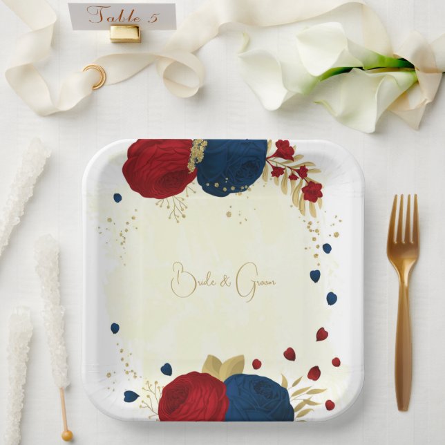 Romantic dark red & navy blue flowers gold paper plates (Wedding)