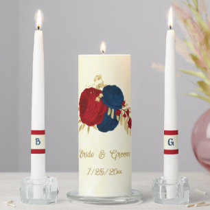 Romantic dark red & navy blue flowers gold wedding unity candle set