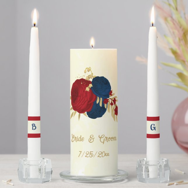 Romantic dark red & navy blue flowers gold wedding unity candle set (In Situ)